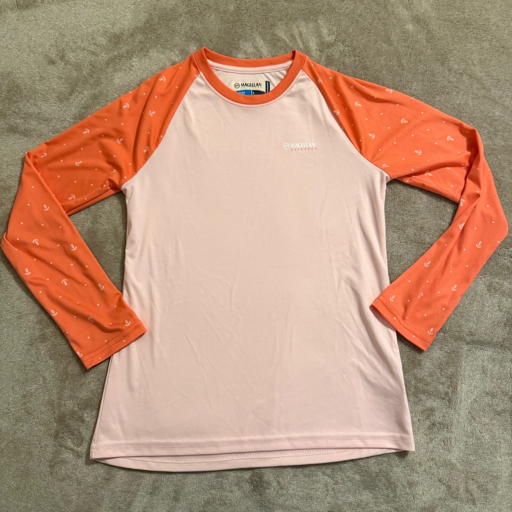 Magellan Outdoors Fish Gear Shirt Womens Large Pink Orange Anchor Raglan 162048